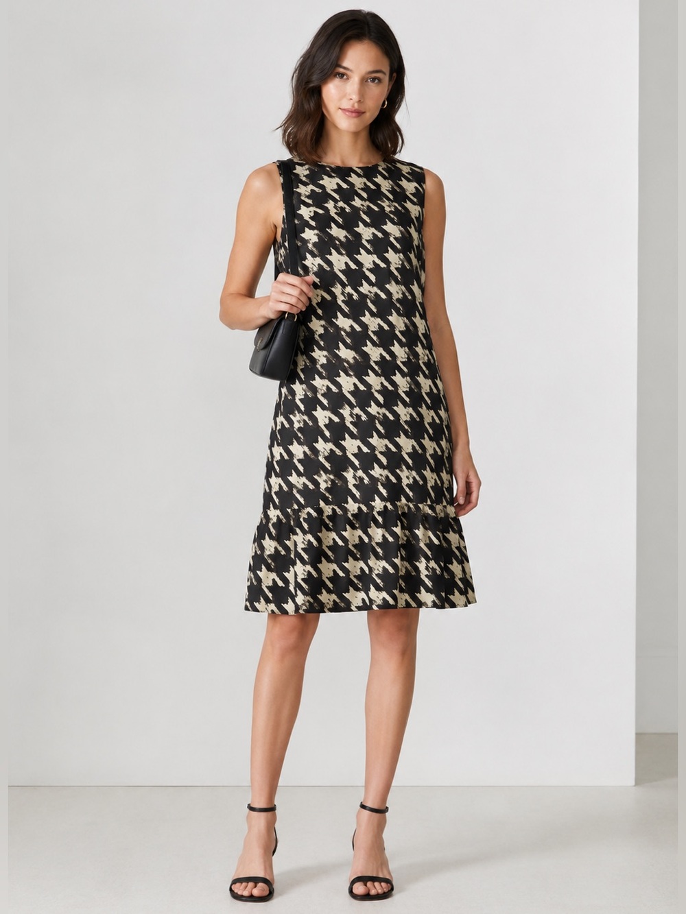 NWOT J.Crew Sleeveless 100% Silk Houndstooth Shift Dress with Ruffle Hem Size 4